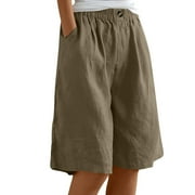 Hot Sale!! Women's Bermuda Linen Shorts Knee Length Long Comfy Drawstring Walking Shorts for Women with Deep Pockets Summer Cotton Linen Shorts Loose Fit Elastic Waist Casual Beach Shorts